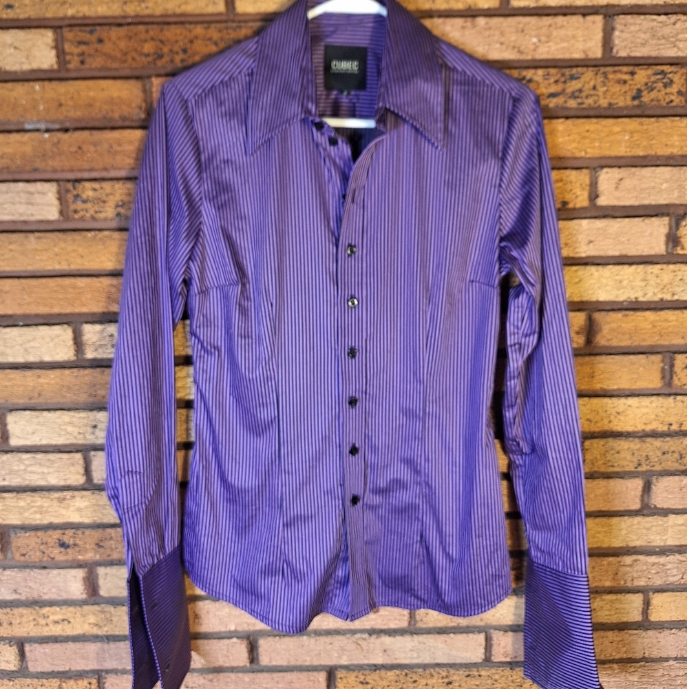 NWT Cubec Size 8 Women's Purple And Black Striped Button Down Shirt